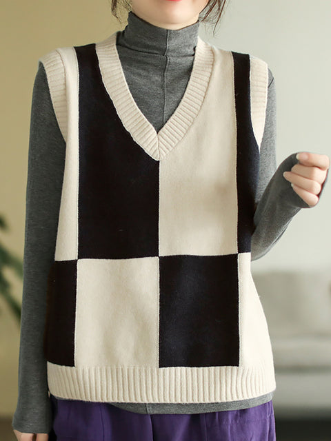 V-Neck Colorblock Plaid Sleeveless Vest Pullover Vest