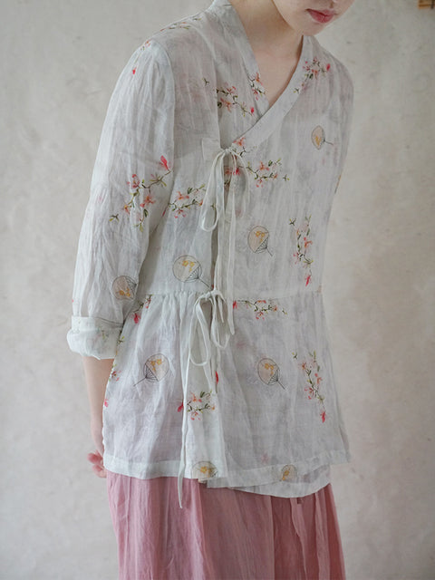 Women Chinese Style Flower Drawstring Loose Shirt