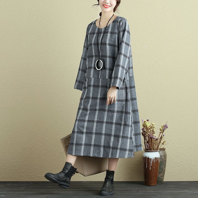 Round Neck Loose Casual Plaid Autumn Dress For Women - Buykud