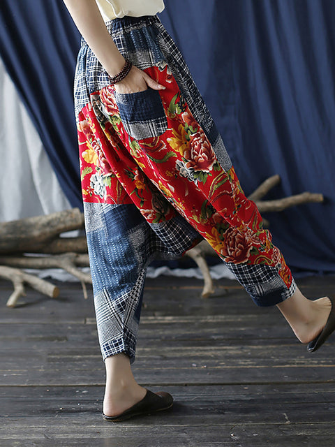 Plus Size Patchwork Plaid Women Casual Elastic Waist Pants