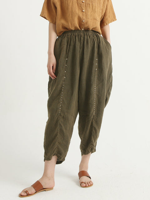 Linen Vintage Women Elastic Waist Loose Pants