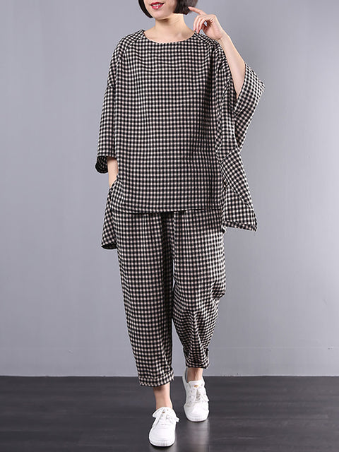 Plus Size Cotton Linen Plaid Retro Blouse And Pants