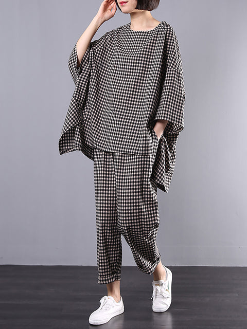 Plus Size Cotton Linen Plaid Retro Blouse And Pants