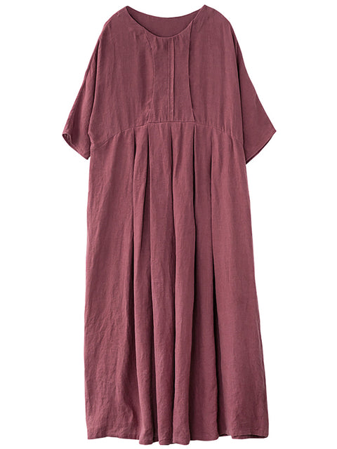 Plus Size Chinese Style Elegant Pleated Loose Linen Dress