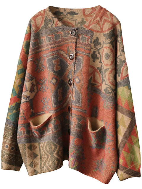 Plus Size - Casual Floral Comfortable Knit Sweater Coat