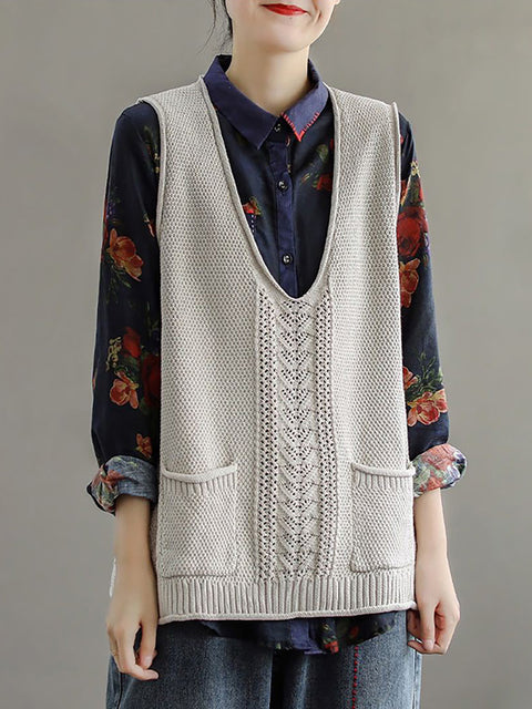 Plus Size - Women Pocket Knitted Hollow Sweater Vest