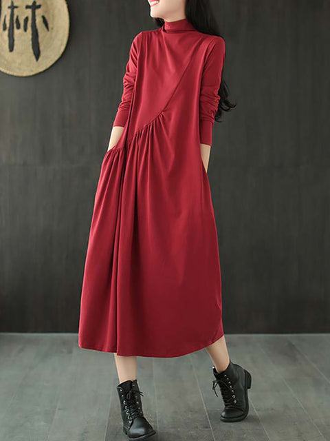 Plus Size - Solid Color Draped High Neckline Dress