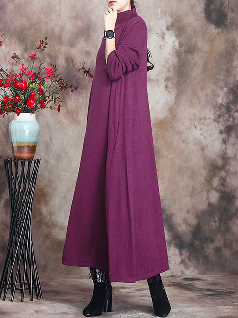 Plus Size Women Pure Color Knitted High Neckline Dress