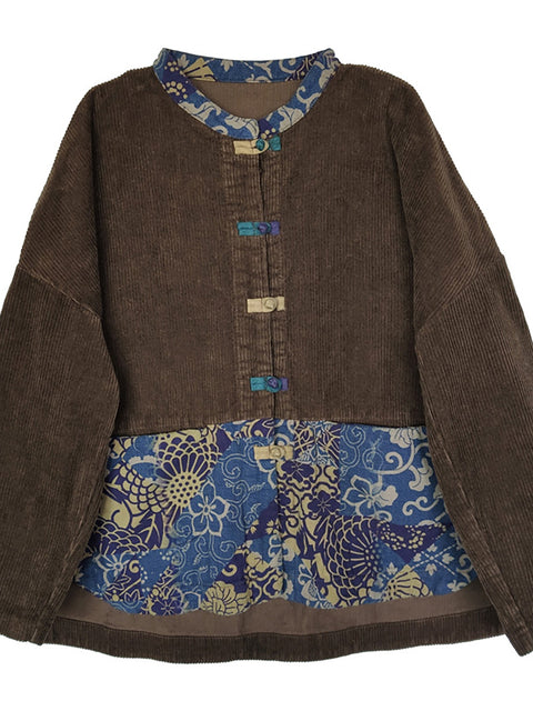 Plus Size Women Flower Patchwork Corduroy Coat