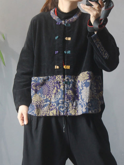 Plus Size Women Flower Patchwork Corduroy Coat