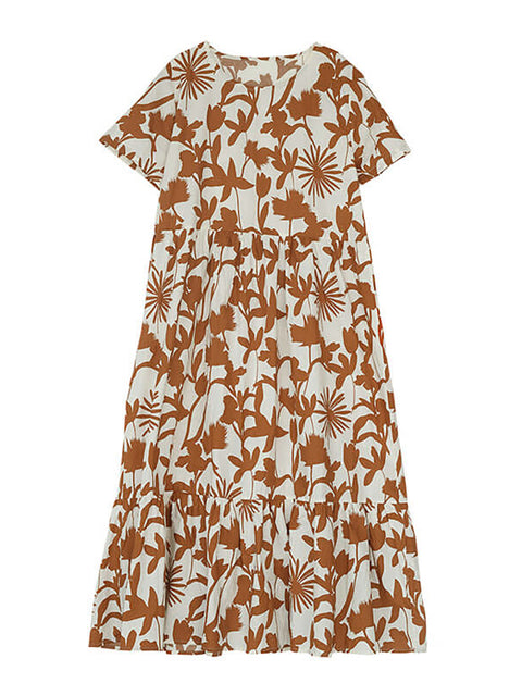 Cotton O-neck Floral Dress