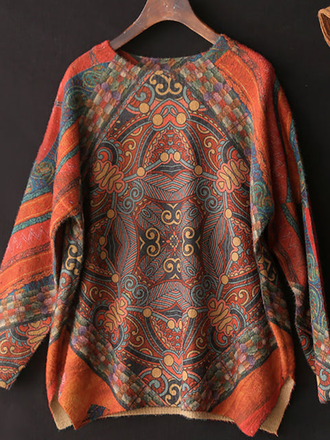 Plus Size Women Vintage Printed O Neck Long Sleeve Sweater