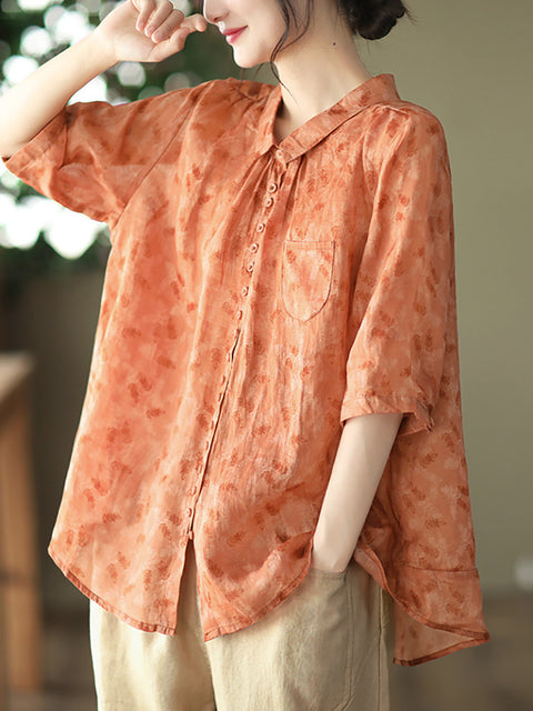 Plus Size Vintage Floral Ramie Casual Summer Women Shirt