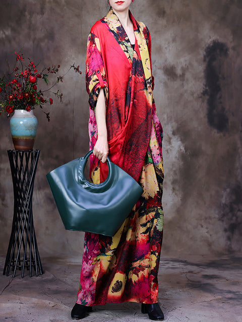 Plus Size -Drape Floral Vintage Women Retro Maxi Dress