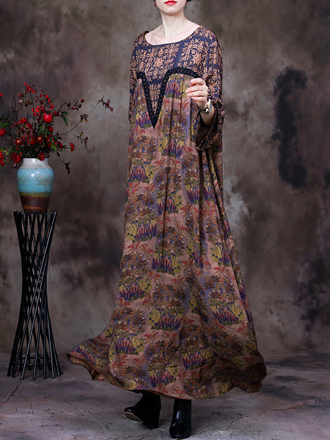 Lace Patchwork Floral Vintage Women Retro Maxi Dress