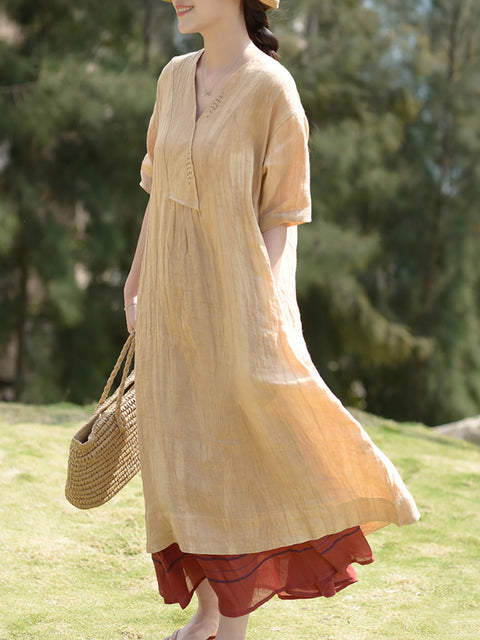 Plus Size V Neck Vintage Linen Women Loose Dress