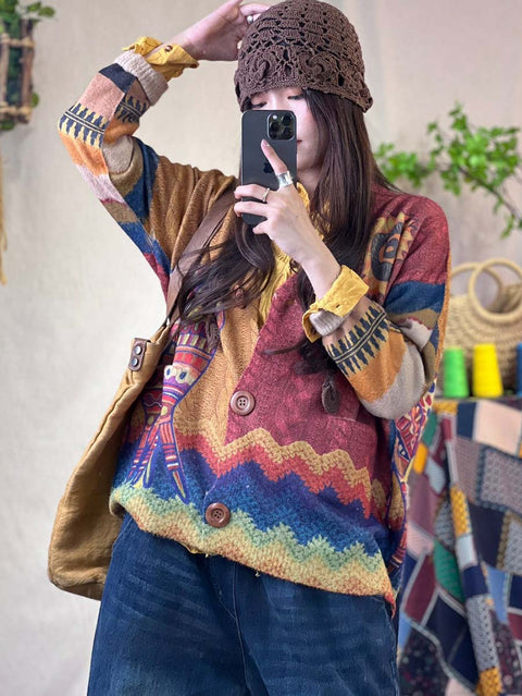 Women Floral Print Knitted Loose Sweater Coat