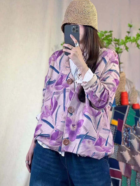 Women Floral Print Knitted Loose Sweater Coat