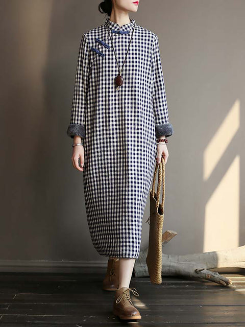 Chinese Style Women Winter Frog Thick Plaid Robe Dress