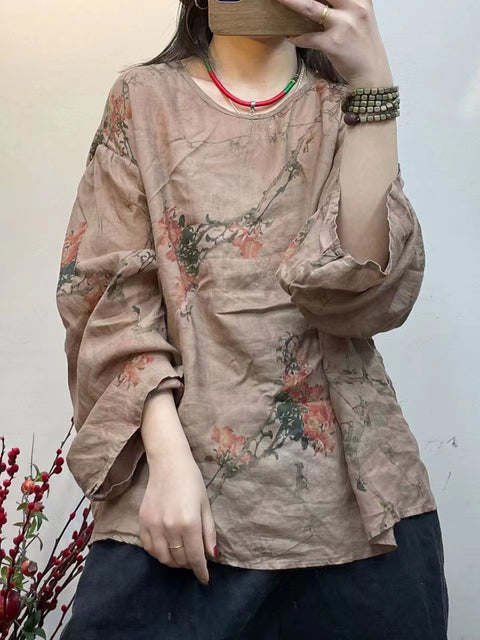 Plus Size Women Spring Vintage Floral Print Loose Thin Shirt