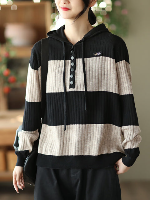 Women Spring Casual Stripe Button Loose Hooded Shirt