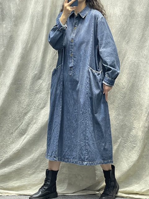 Plus Size Women Spring Retro Pocket Button Loose Denim Dress