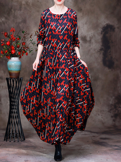 Plus Size Women Vintage Irregular Plaid Large Hemline Long Dress