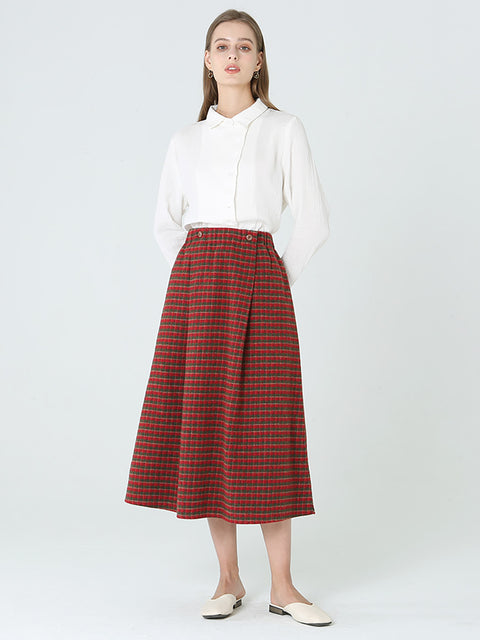 Plus Size Women Plaid Loose Spring Pocket Elastic Waist Skirt