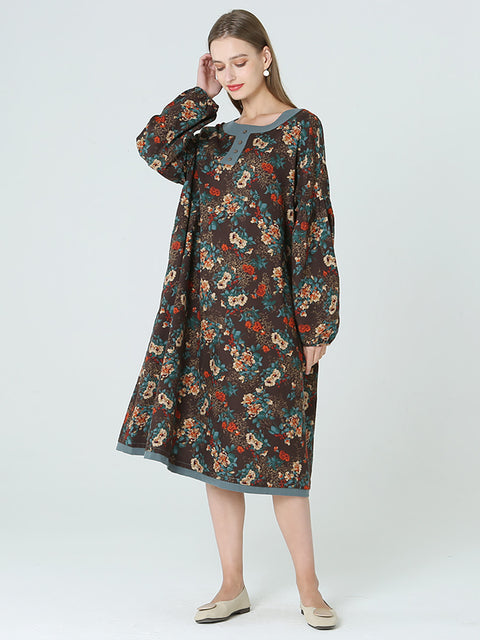 Plus Size Floral Long Sleeve Spring Autumn Loose Long Dress