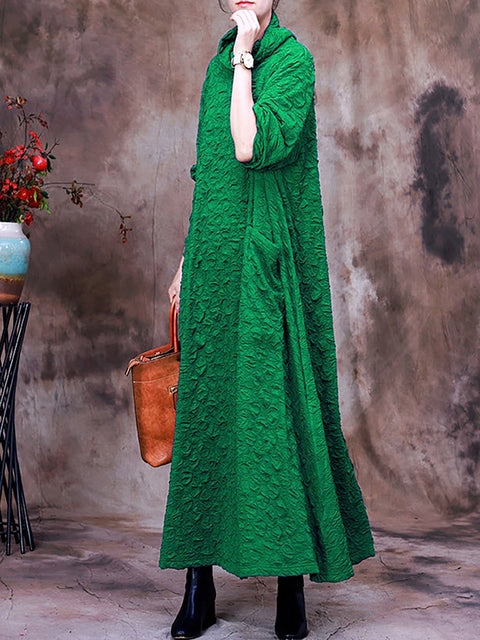 Plus Size Pocket Pleated Long Sleeve Women Maxi Dress