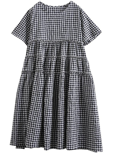 Plus Size 100%Cotton Short Sleeve Plaid Dress