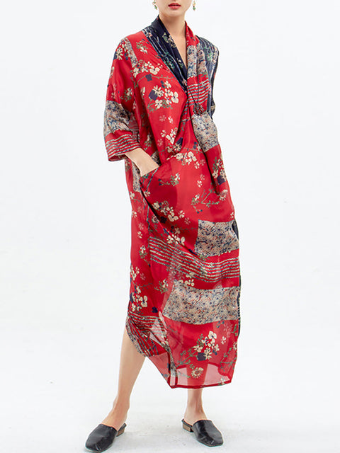 Plus Size Spliced Floral Print Vintage Tencel Women Dress