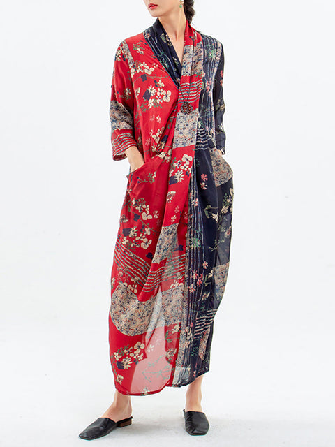 Plus Size Spliced Floral Print Vintage Tencel Women Dress