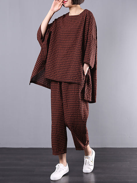 Plus Size Cotton Linen Plaid Retro Blouse And Pants