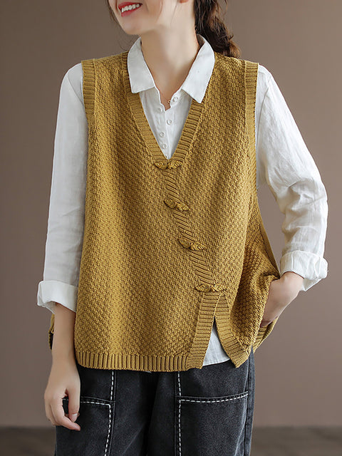 Plus Size Women Button Knitted Vest Waistcoat Sweater