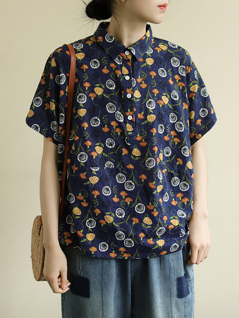 Plus Size - Summer Flower Print Thin Cotton Floral Shirt