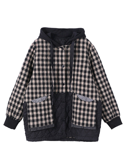 Plus Size Women Korean Style Plaid Hooded Colorblock Padded Coat